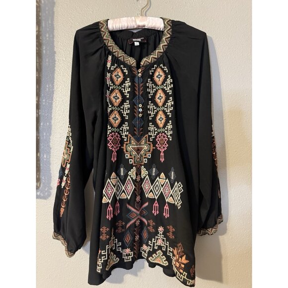 Johnny Was Long Sleeve Black Embroidered SILK Malta Tunic Top Colorful $300 - Picture 3 of 16